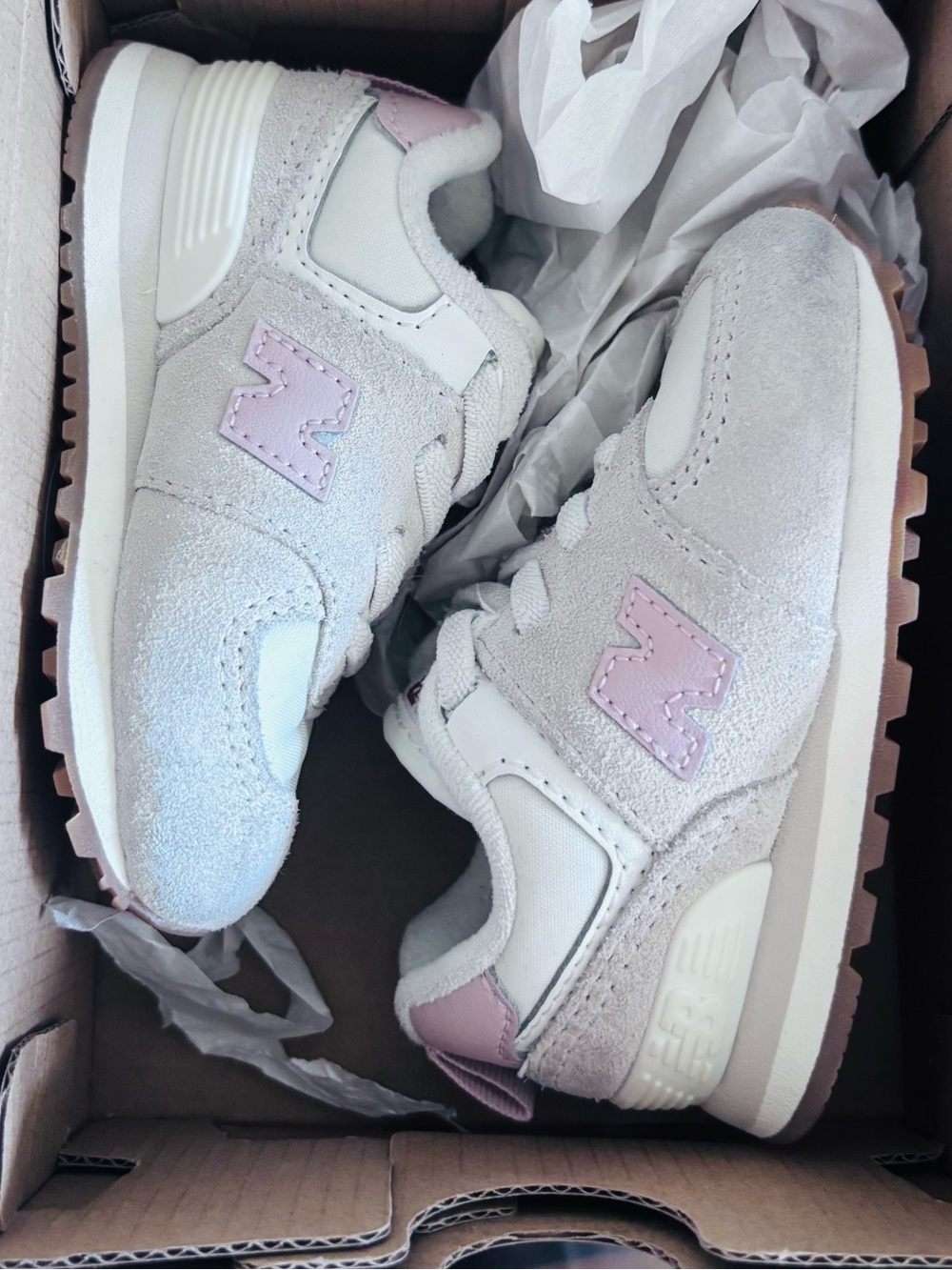 New Balance Kids Light Grey & Soft Pink Suede Sneakers